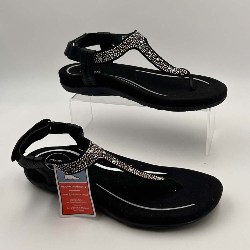 Aetrex Lindsey Embellished Arch Support Memory Foam Sandals Black Orthotic Comfo